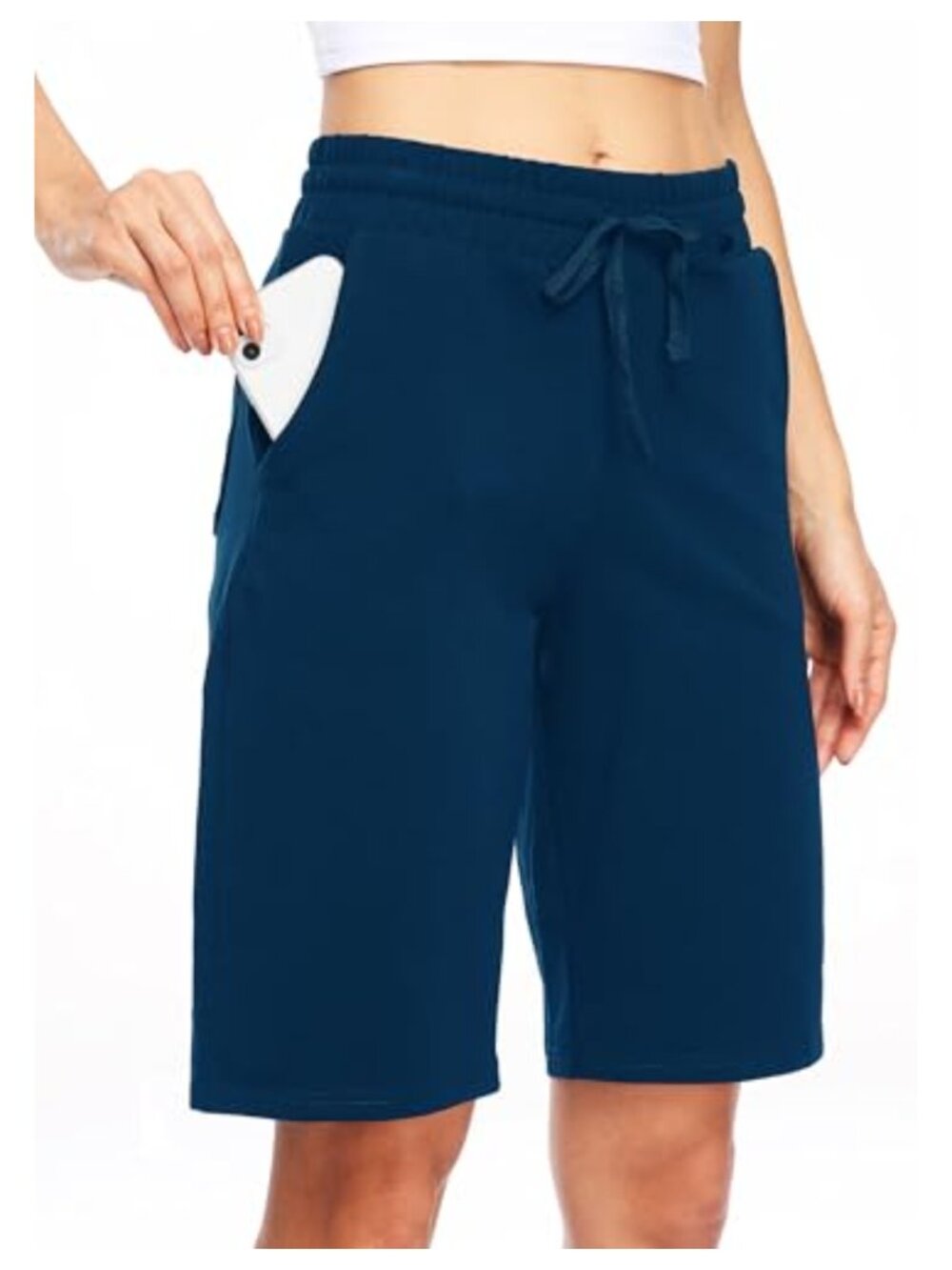 Women's Bermuda Cotton Long Shorts 10" Athletic Yoga Lounge with Pockets